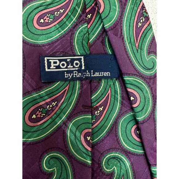 Polo Ralph Lauren Mens 100% Silk Multi-Color Paisley Necktie Purple Green  USA - Picture 1 of 5